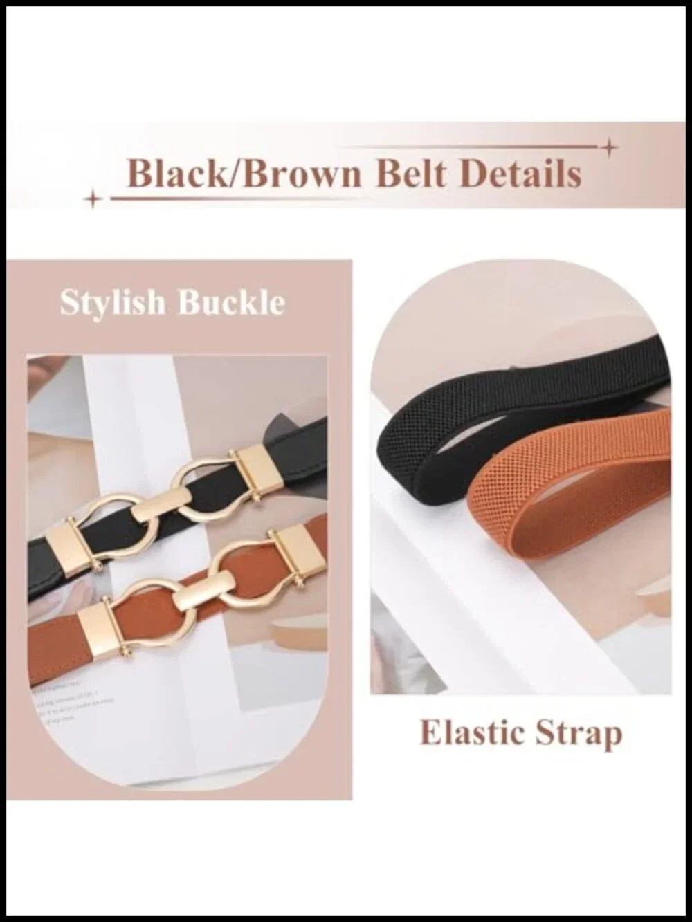 Skinny Stretch Belt for Dresses, Adjustable Waist Belt with Gold Buckle, 2 Pack